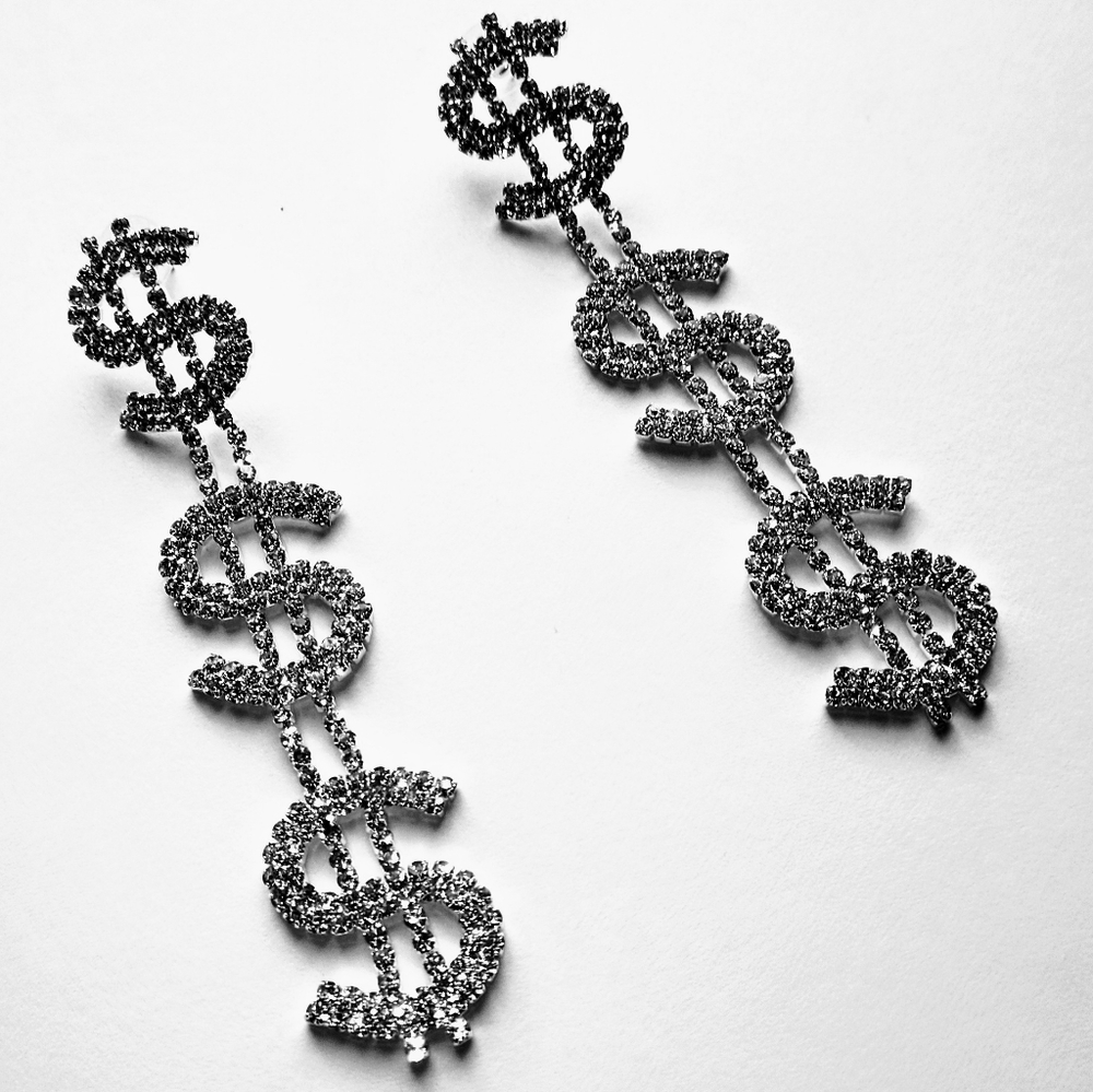 4" Silver Stud Rhinestone $$$ Sign Dangle Earrings - Picture 3 of 5